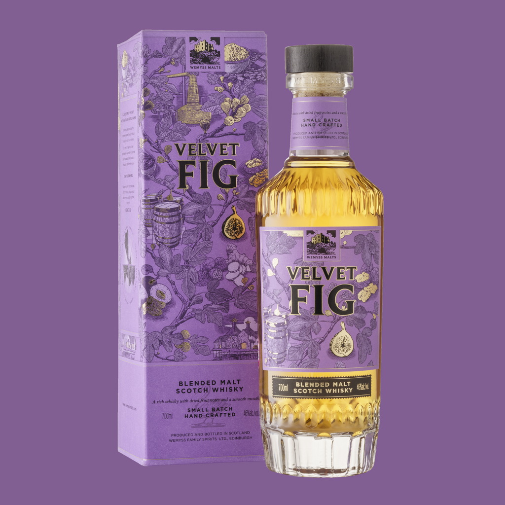 Velvet Fig bottle and packaging on electric purple background
